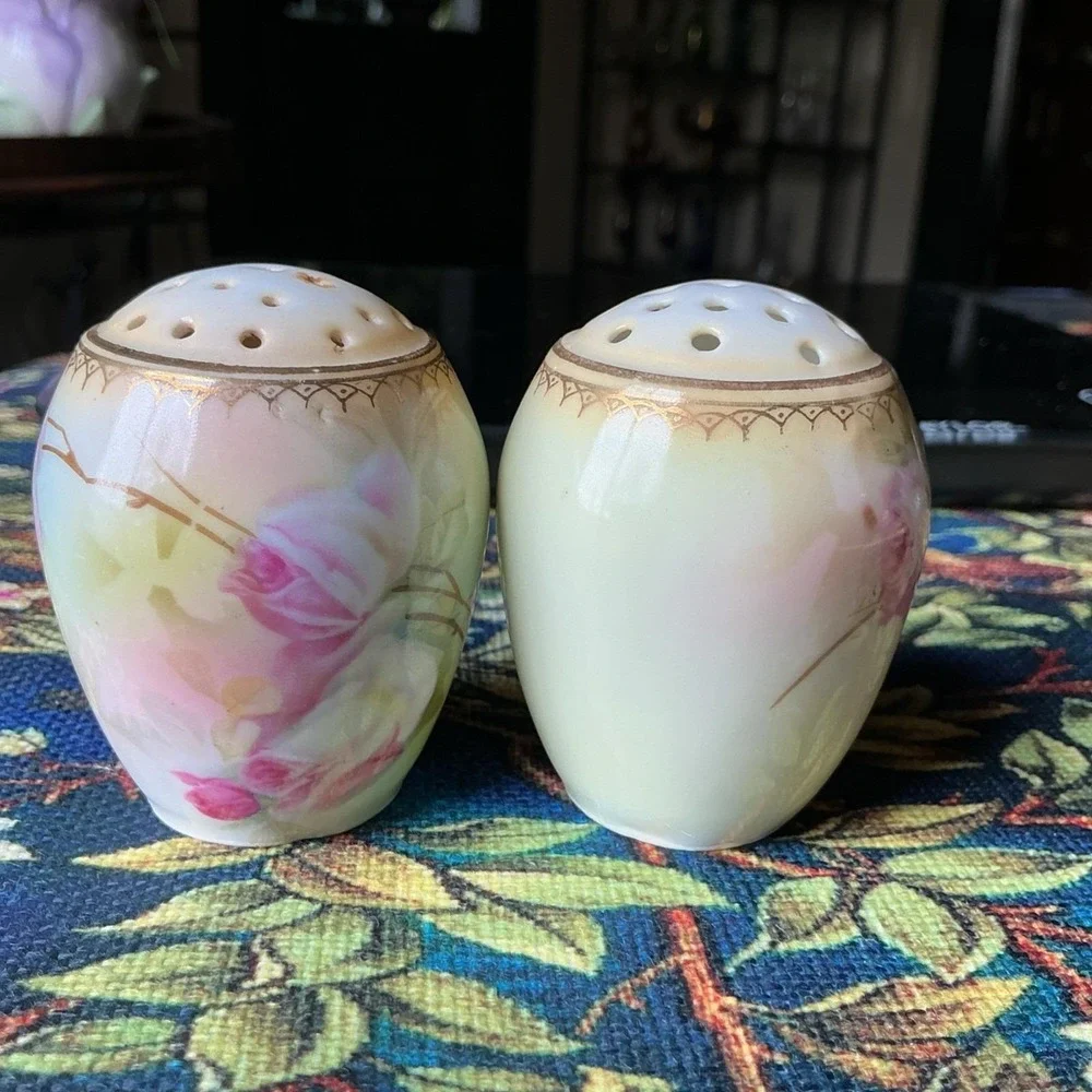Vintage Porcelain Hand Painted Pink Roses Salt & Pepper Shakers Germany